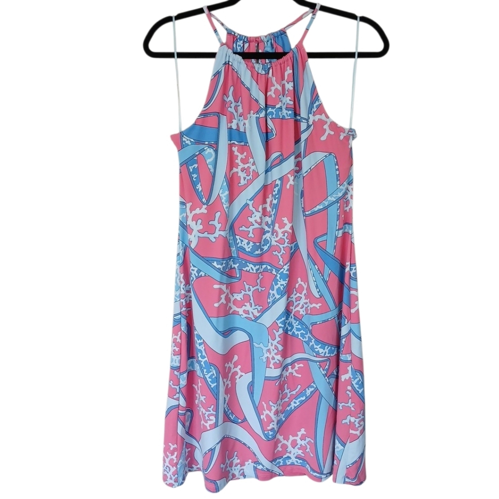 J McLaughlin Vibrant Pink and Blue Halter Dress Resort Summer Size Large